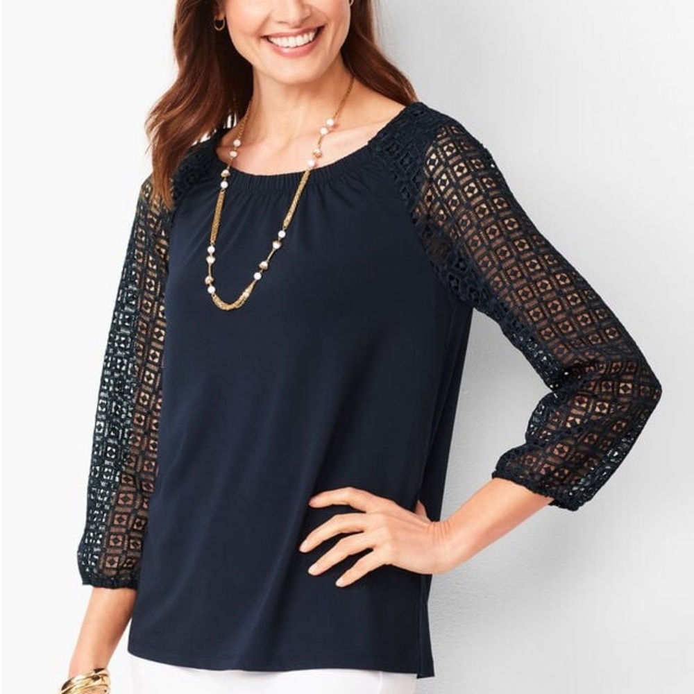 Talbots Lace Sleeve Ponte Top Size Large